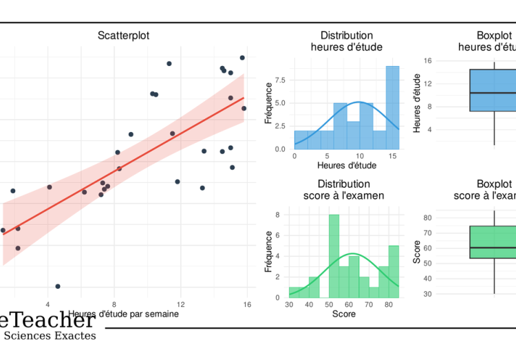 Scatterplot illustrant la relation linéaire entre les heures d'étude et le score à l'examen accompagné des histogrammes et boxplots des deux variables